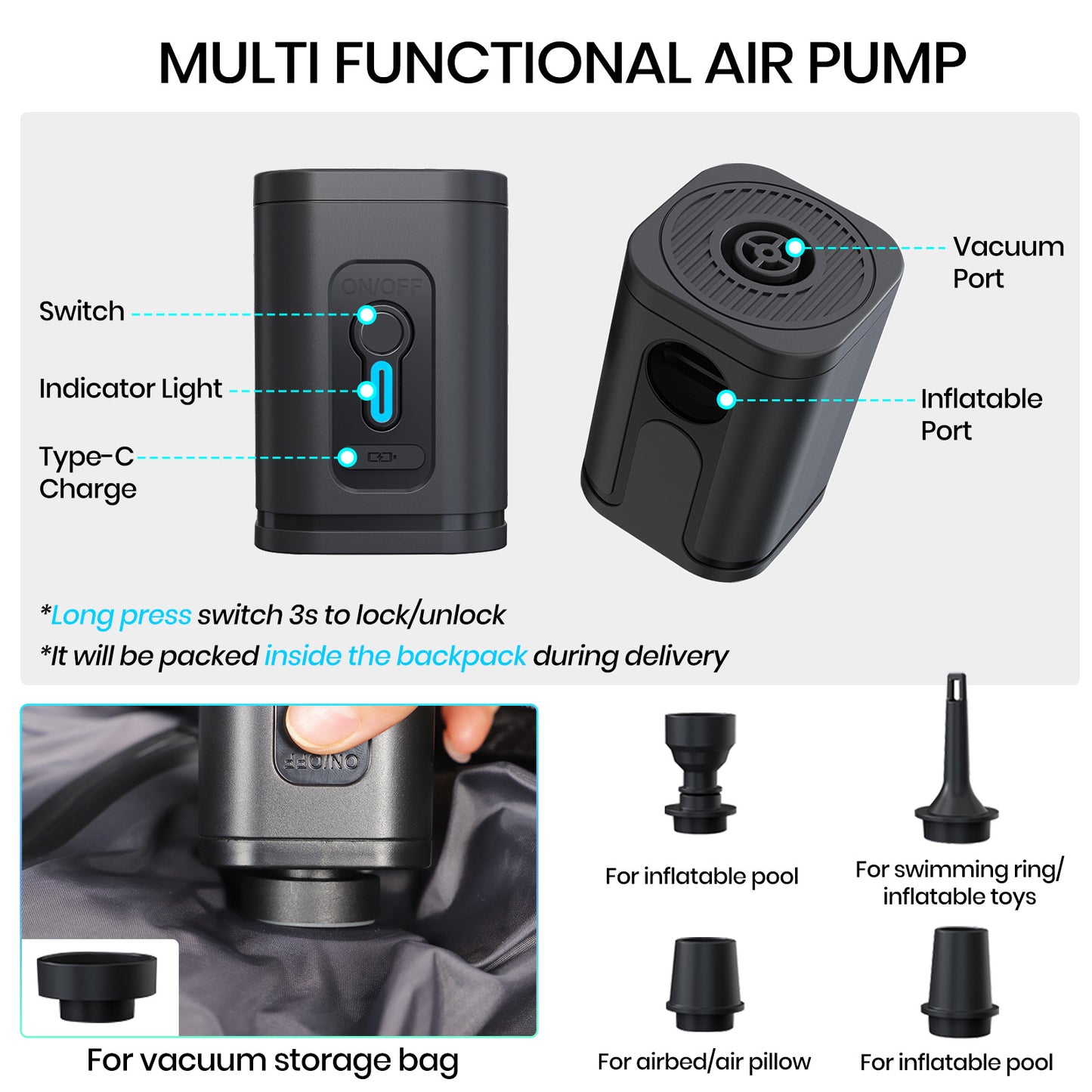 Travel Backpack with Charging Port and Pump