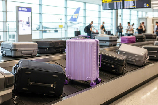 Lavender Tavoxda suitcase with silent wheels on airport baggage carousel, travelers in background