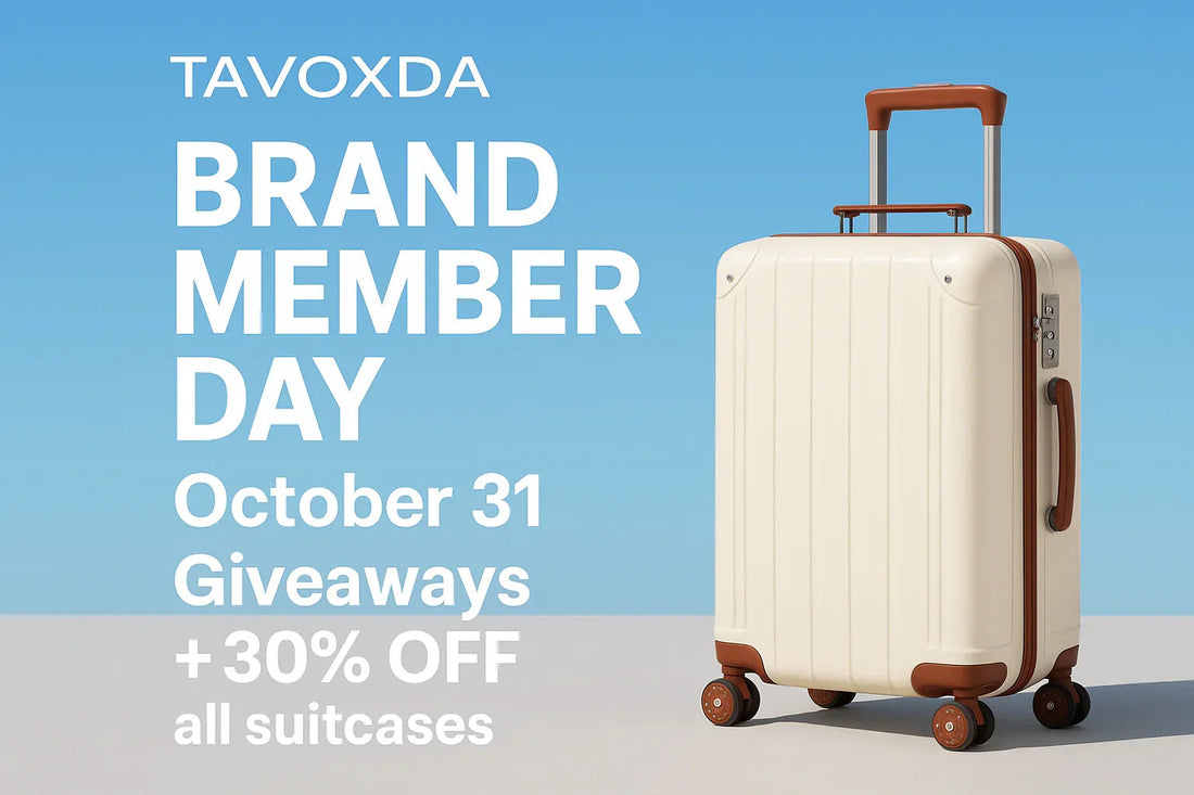 Tavoxda lightweight suitcase with brown trim on display, Brand Member Day sale 30% off, blue background