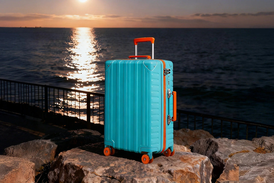 Tavoxda lightweight turquoise carry-on suitcase with orange accents on rocks by seaside at sunset