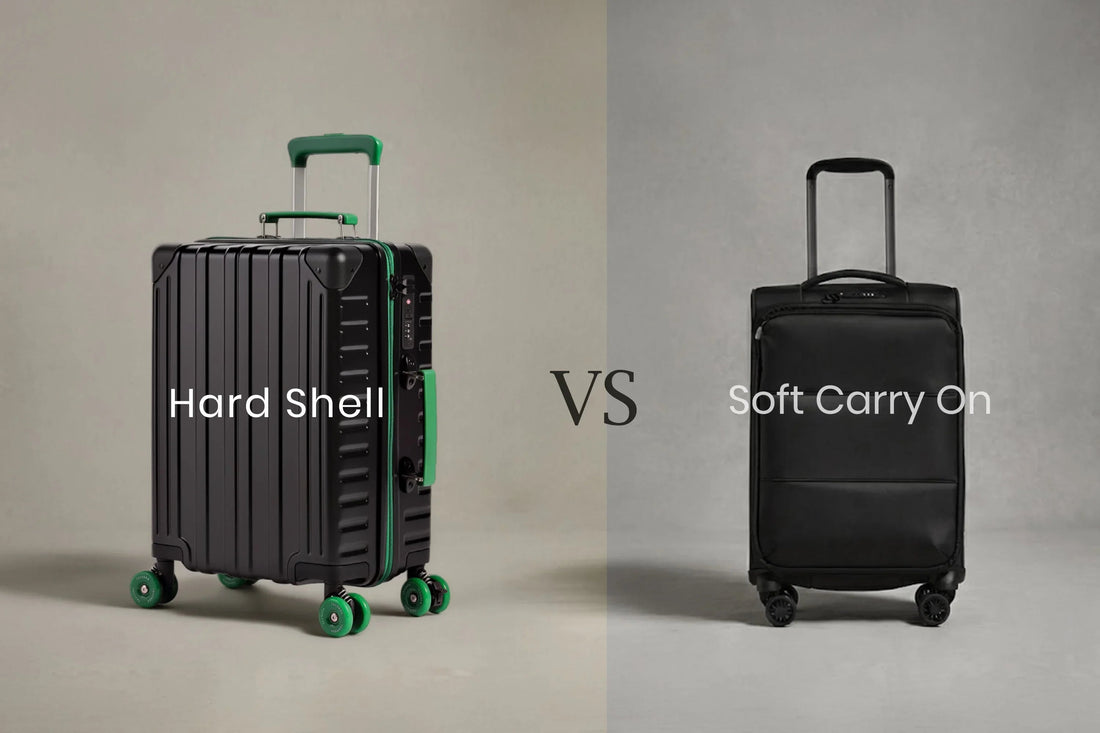 Tavoxda hard shell suitcase with green accents compared to black soft carry-on luggage