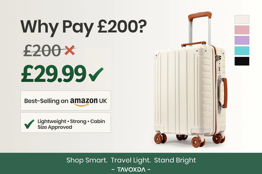 Tavoxda lightweight cream cabin suitcase with brown handles, £29.99 best-seller on Amazon UK