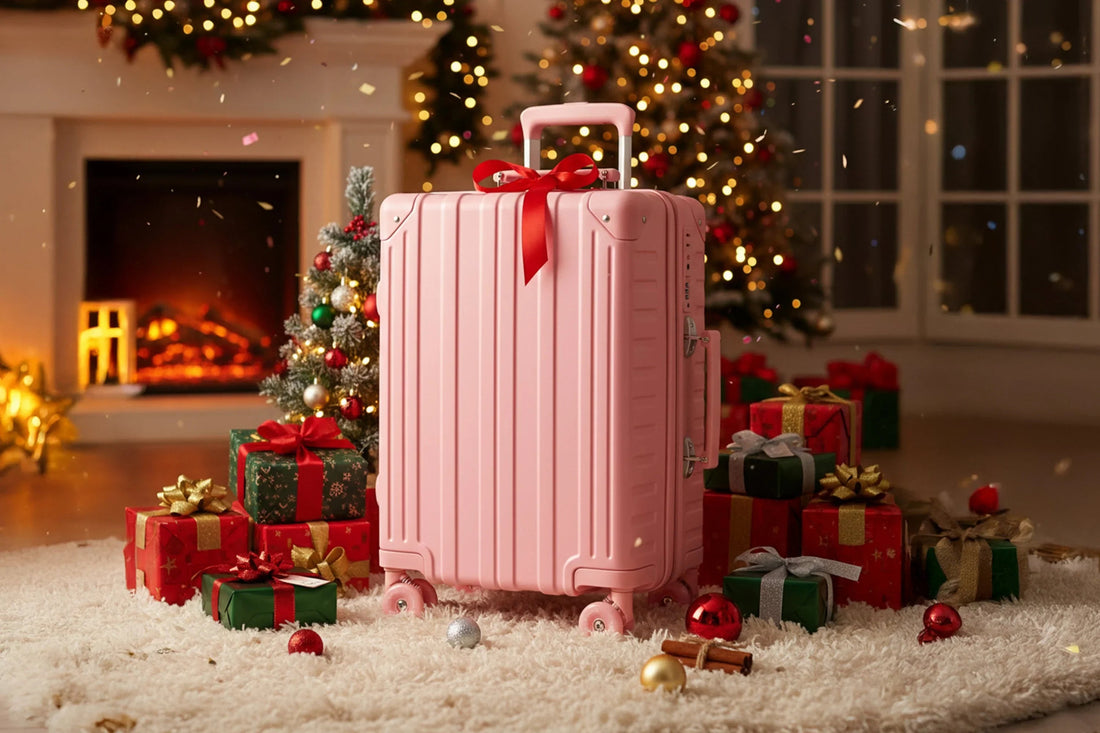 Tavoxda pink kids suitcase with bow by Christmas tree and gifts, festive holiday scene