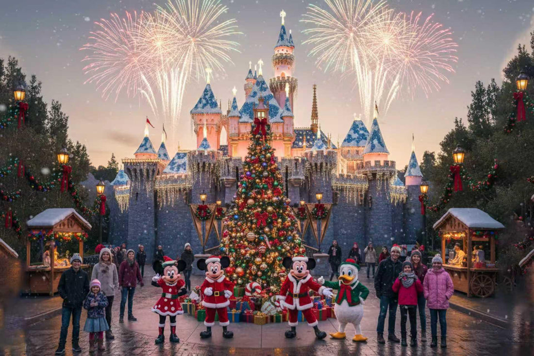 Christmas at Disneyland castle with decorated tree, costumed characters, families, and fireworks.