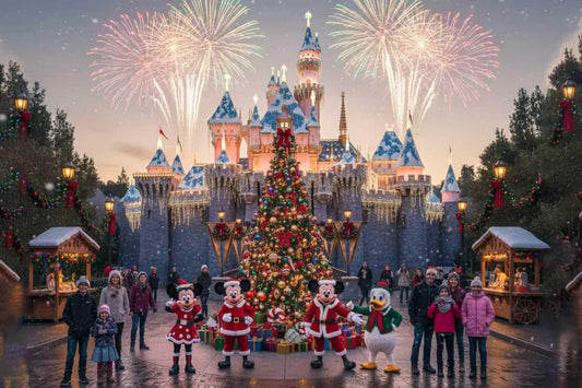 Christmas at Disneyland castle with decorated tree, costumed characters, families, and fireworks.