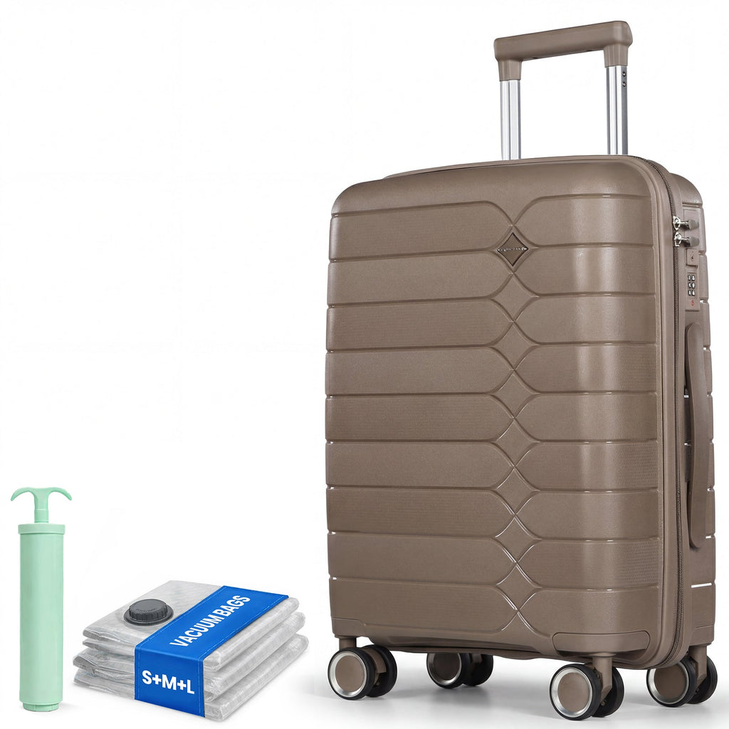 Tavoxda Lightweight PP Hard Shell Cabin Suitcase Brown