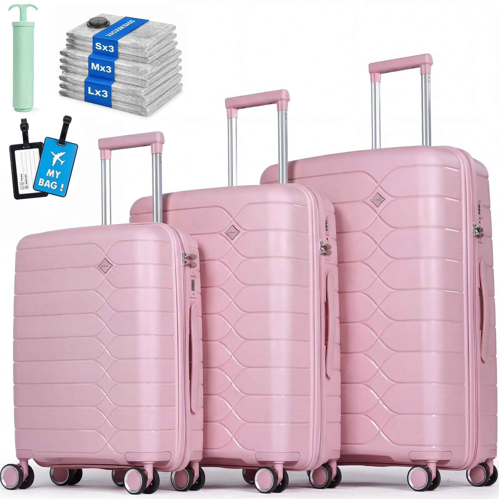 Tavoxda Lightweight PP Hardshell 3 Piece Luggage Sets Pink