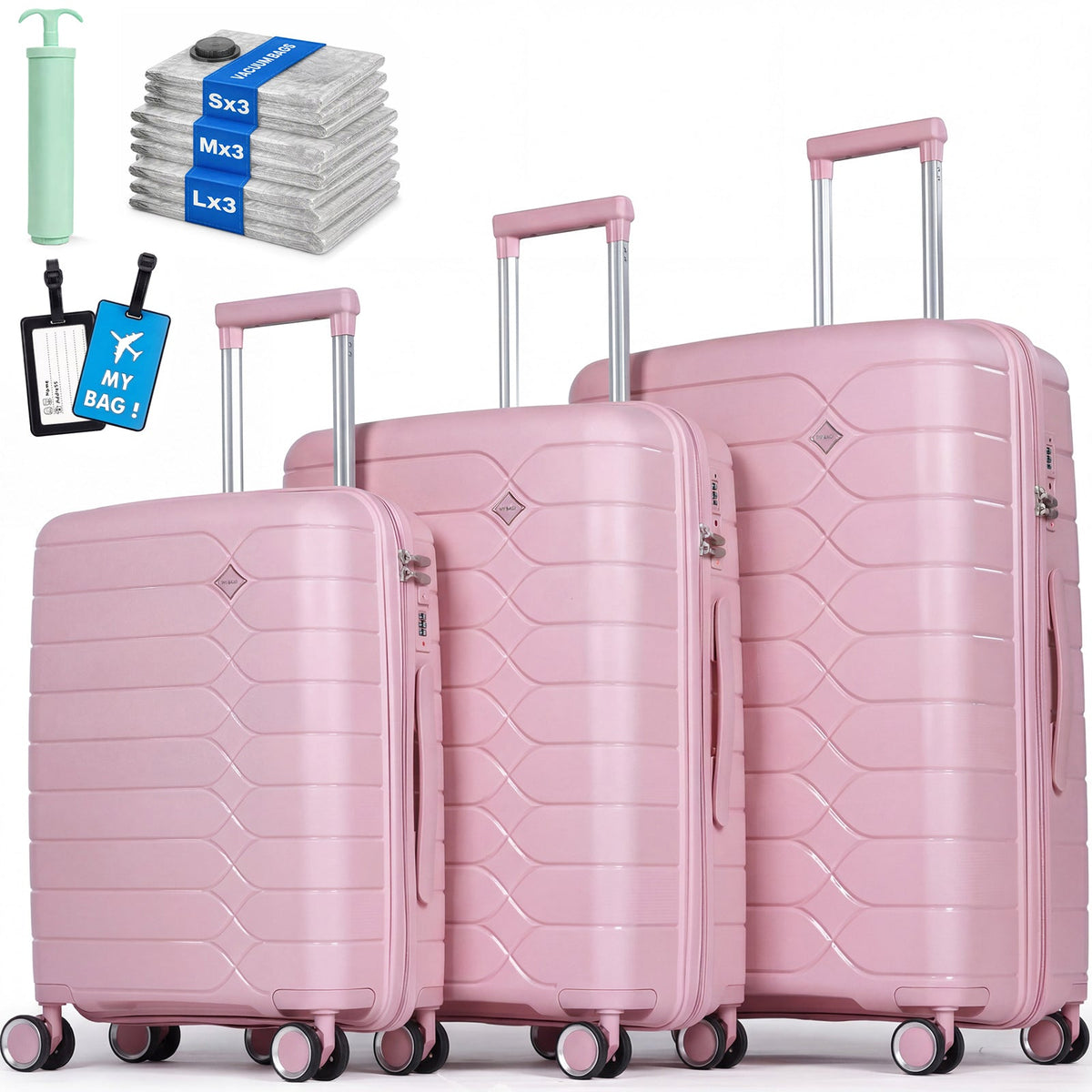 Tavoxda Lightweight PP Hardshell 3 Piece Luggage Sets Pink