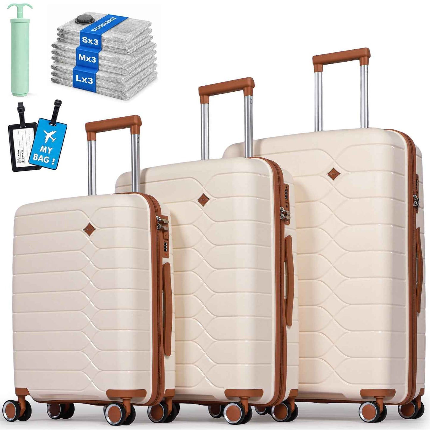 Tavoxda Lightweight PP Hardshell 3 Piece Luggage Sets Cream
