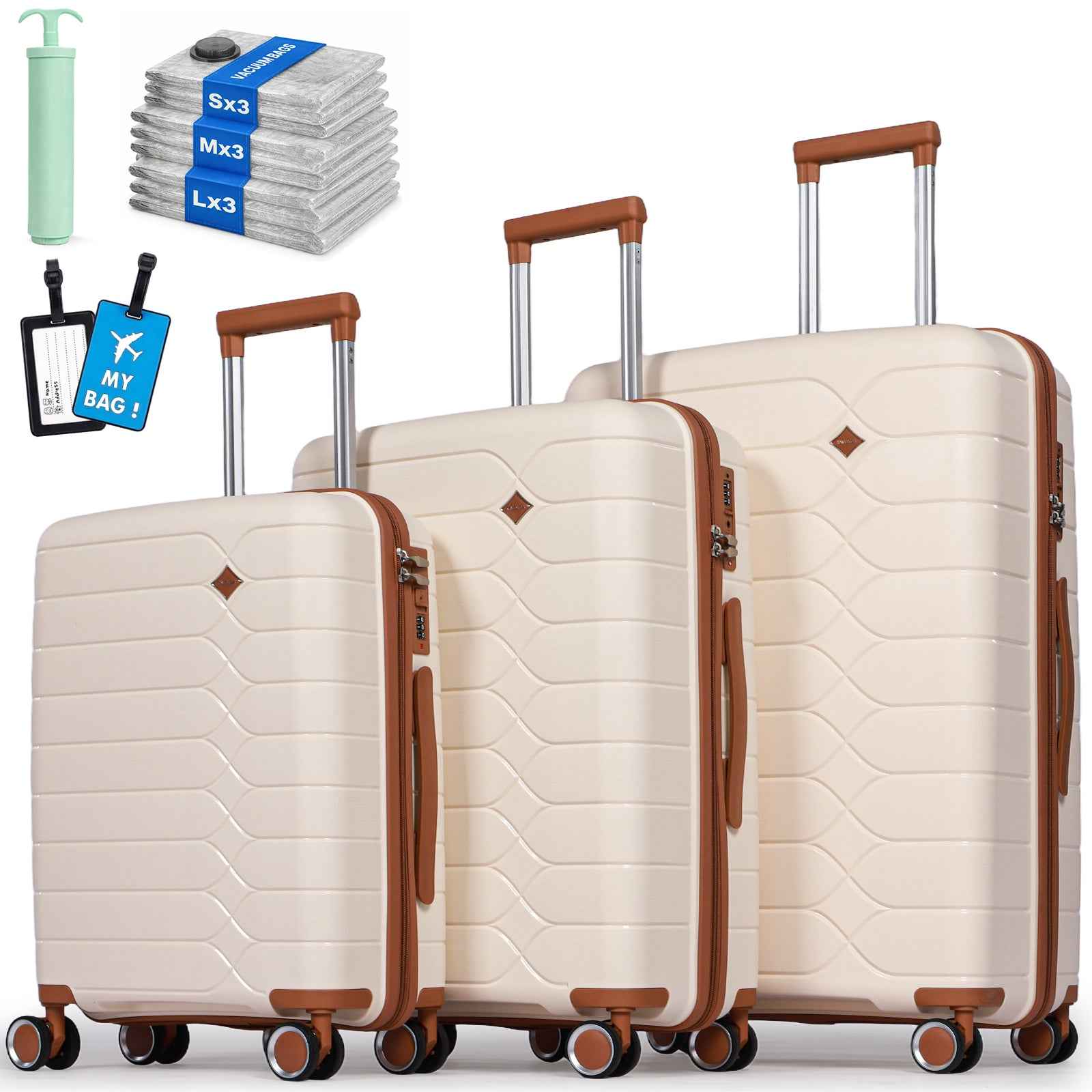 Tavoxda Lightweight PP Hardshell 3 Piece Luggage Sets Cream