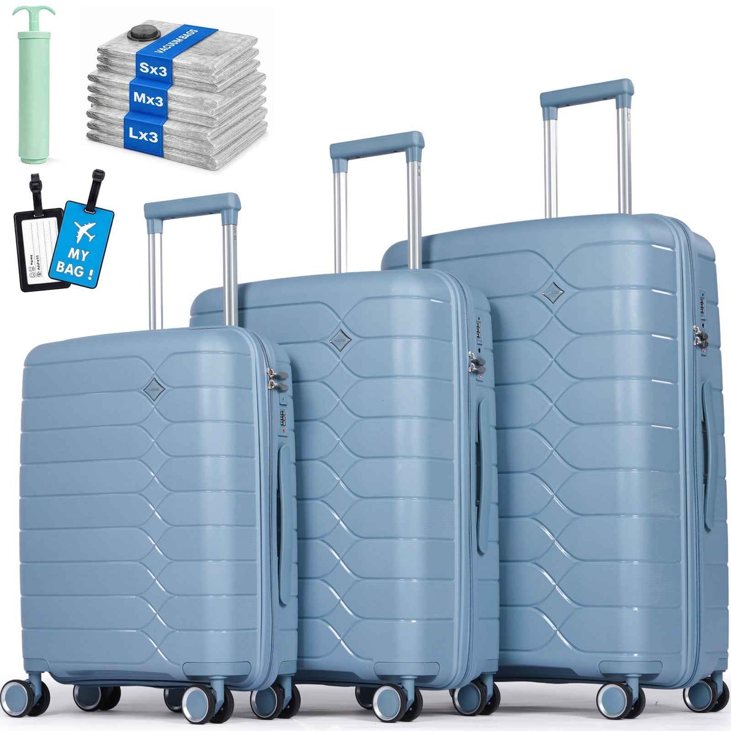 Tavoxda Lightweight PP Hardshell 3 Piece Luggage Sets Light Blue
