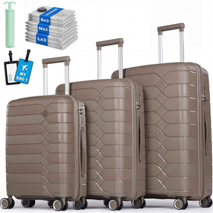 Tavoxda Lightweight PP Hardshell 3 Piece Luggage Sets Brown