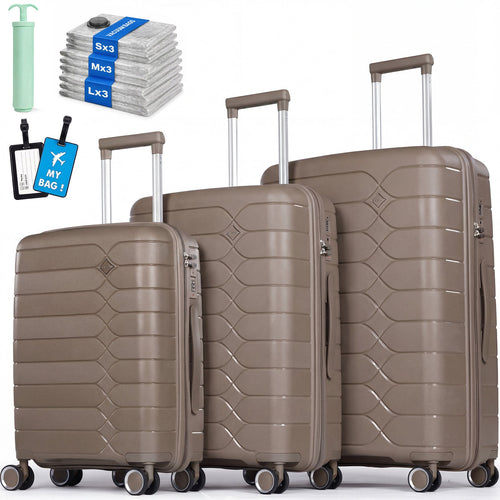 Tavoxda Lightweight PP Hardshell 3 Piece Luggage Sets Brown
