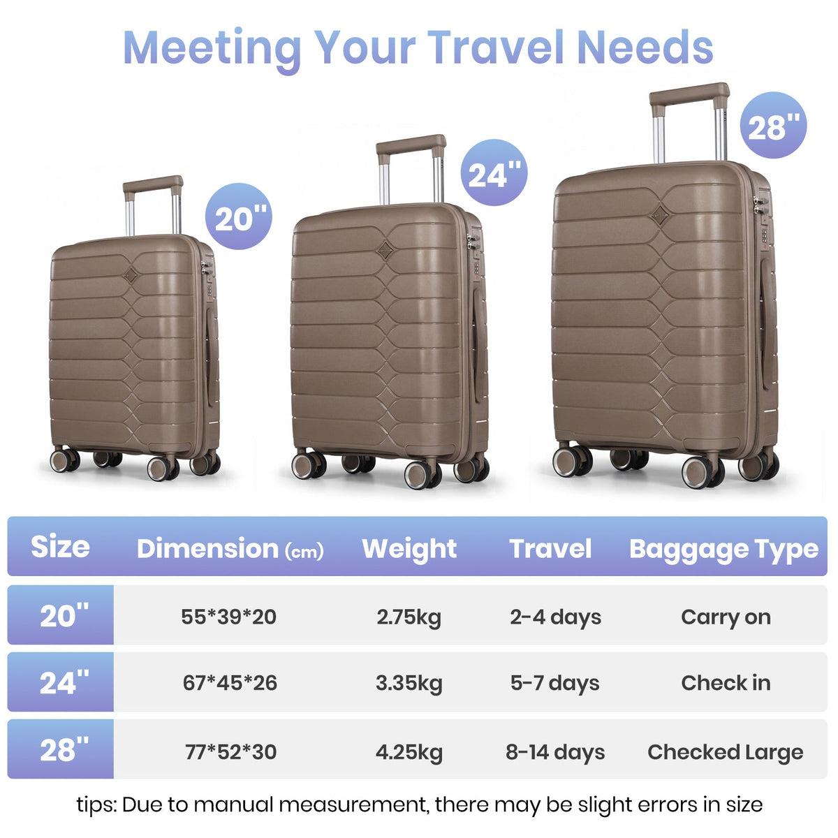 Tavoxda Lightweight PP Hardshell 3 Piece Luggage Sets Brown
