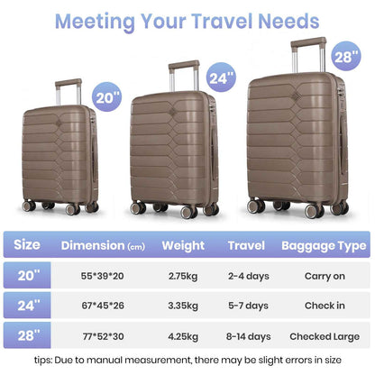 Tavoxda Lightweight PP Hardshell 3 Piece Luggage Sets Brown