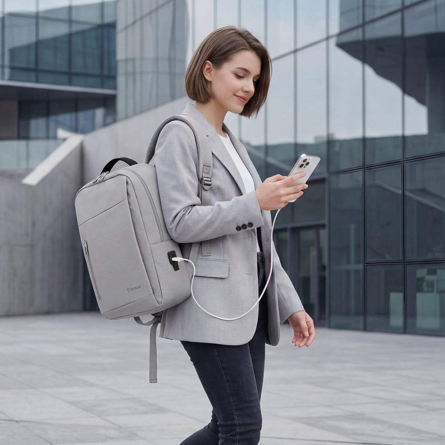 Lightweight Laptop Backpack with USB Charging Port in Grey