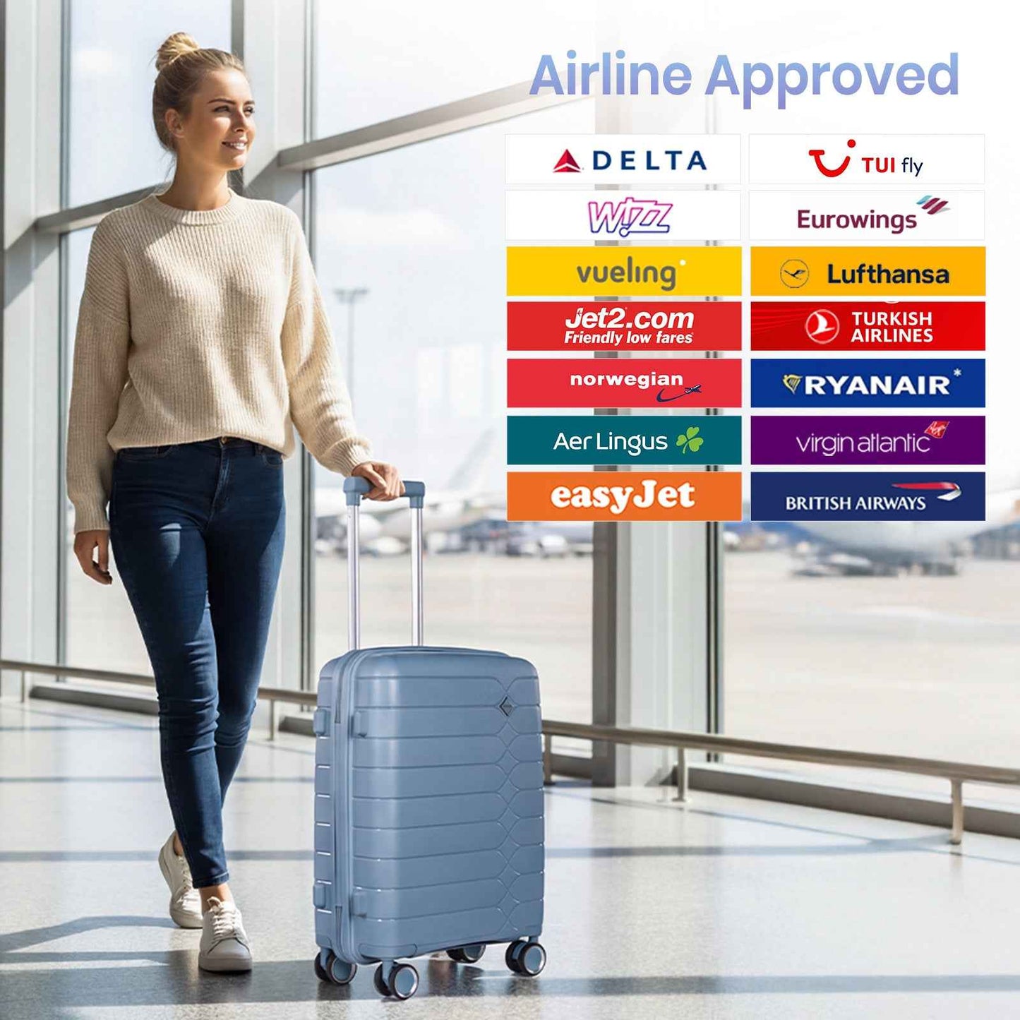 Tavoxda Lightweight PP Hard Shell Cabin Suitcase Light Blue