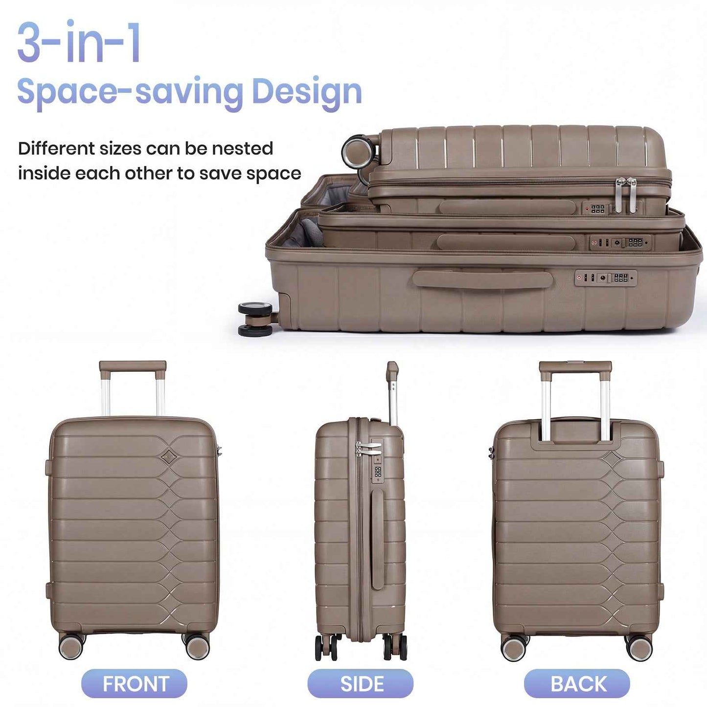 Tavoxda Lightweight PP Hardshell 3 Piece Luggage Sets Brown