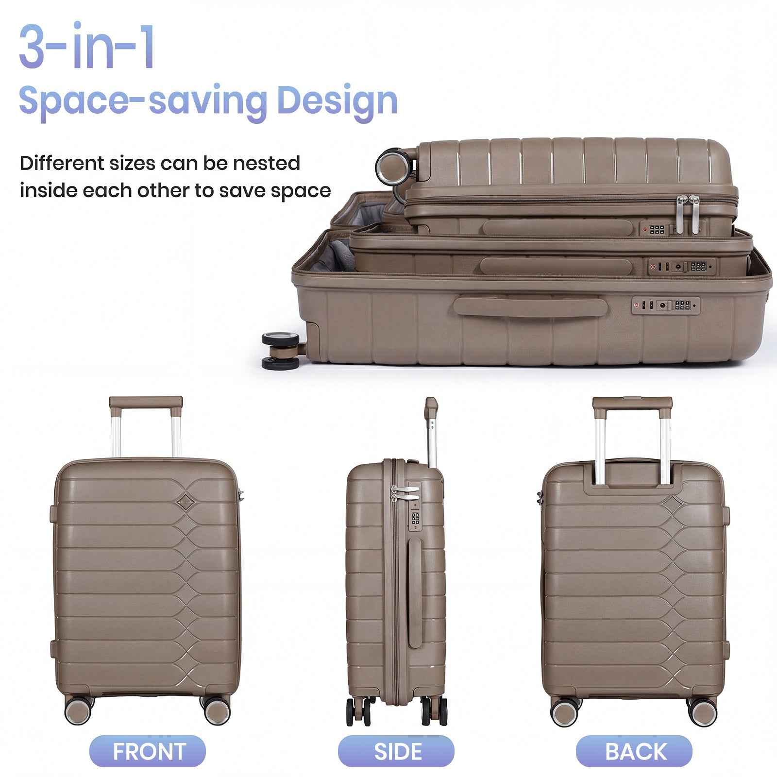 Tavoxda Lightweight PP Hardshell 3 Piece Luggage Sets Brown