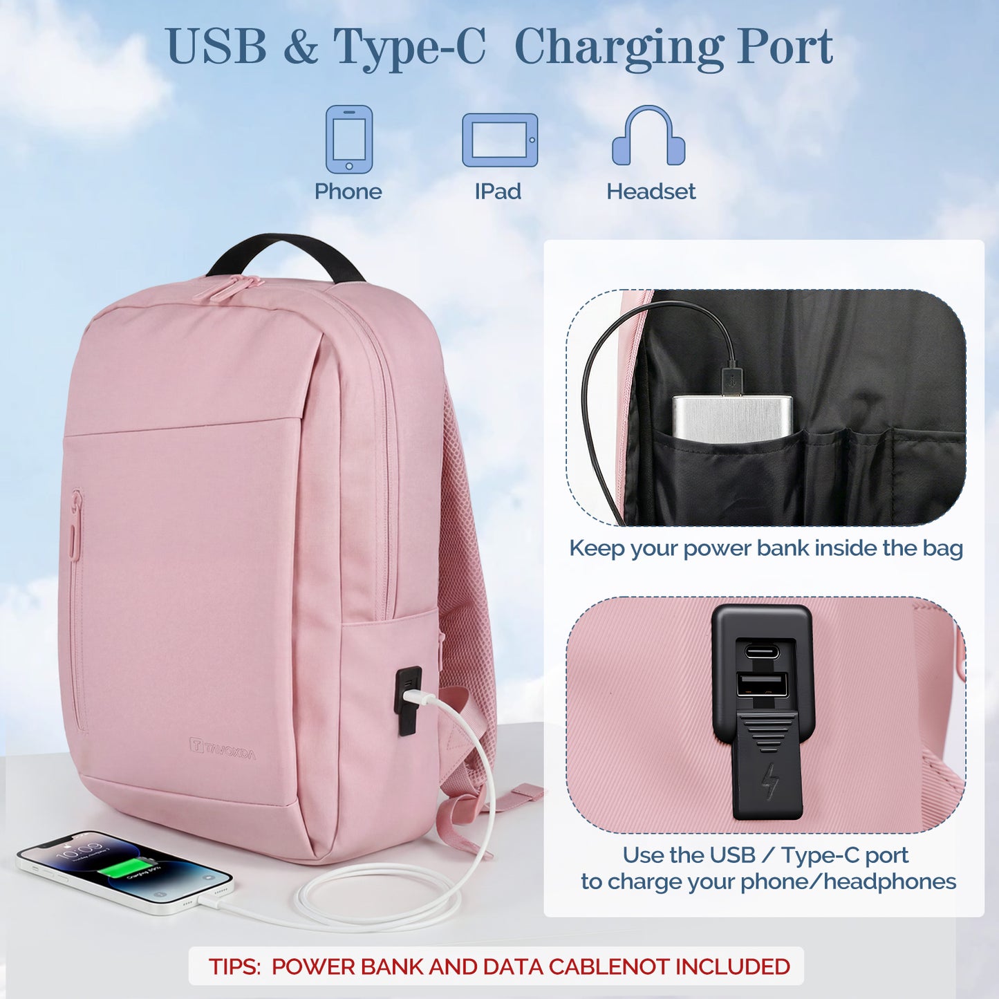 Lightweight Laptop Backpack with USB Charging Port in Pink