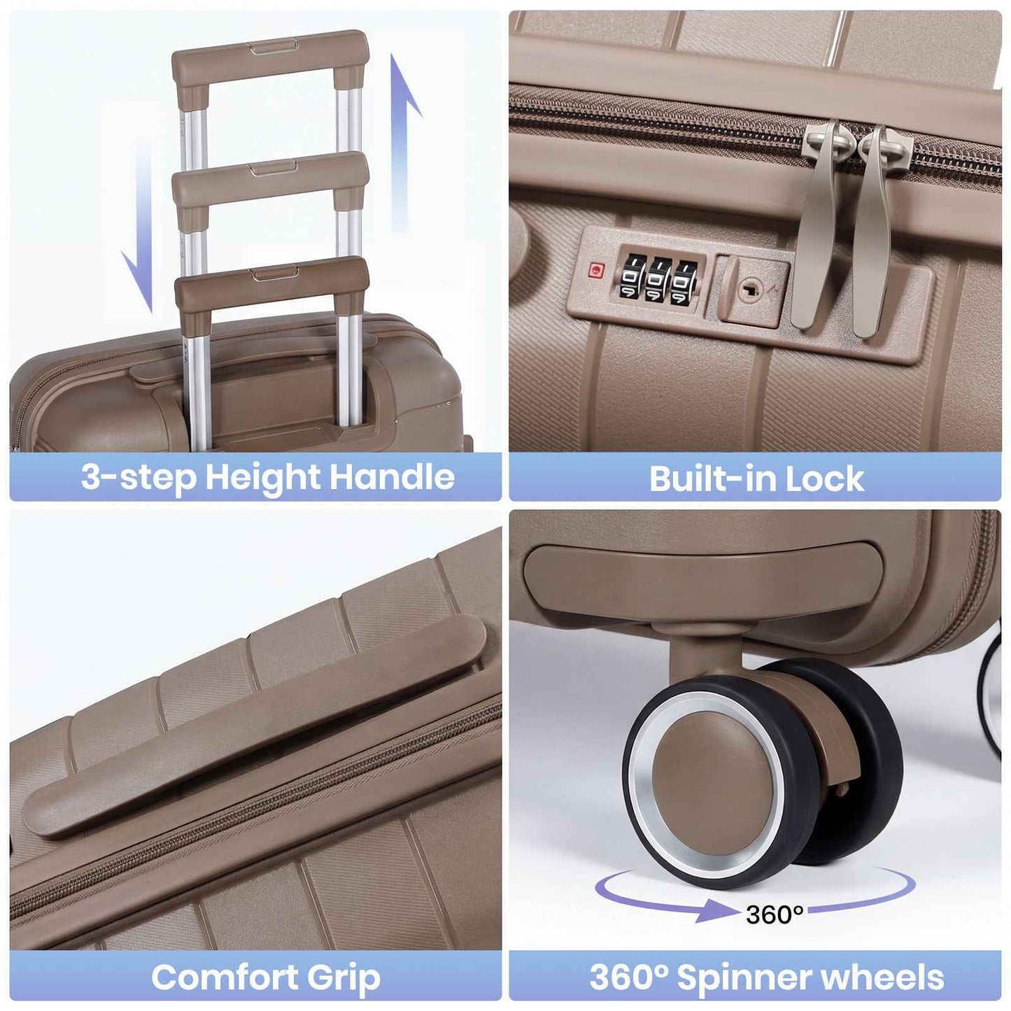 Tavoxda Lightweight PP Hardshell 3 Piece Luggage Sets Brown