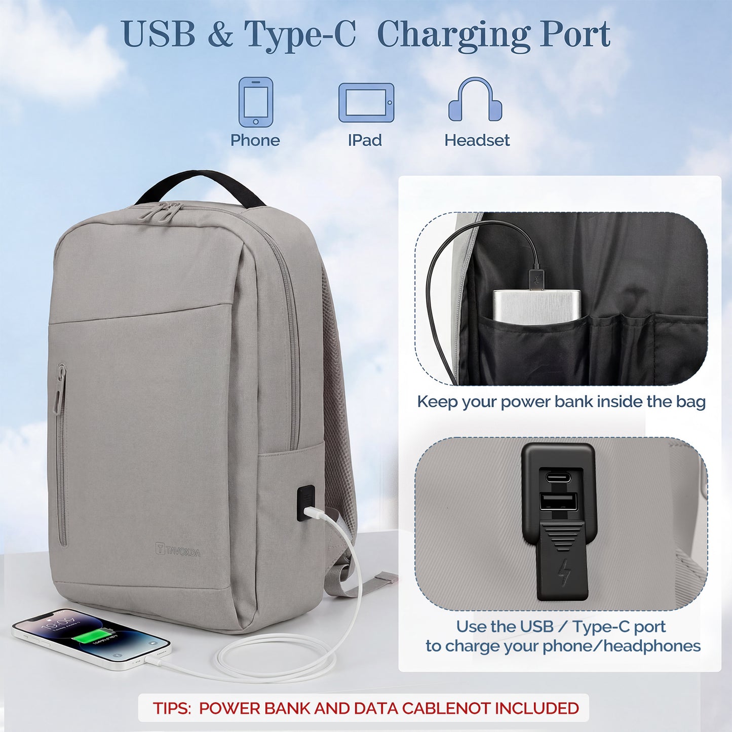 Lightweight Laptop Backpack with USB Charging Port in Grey
