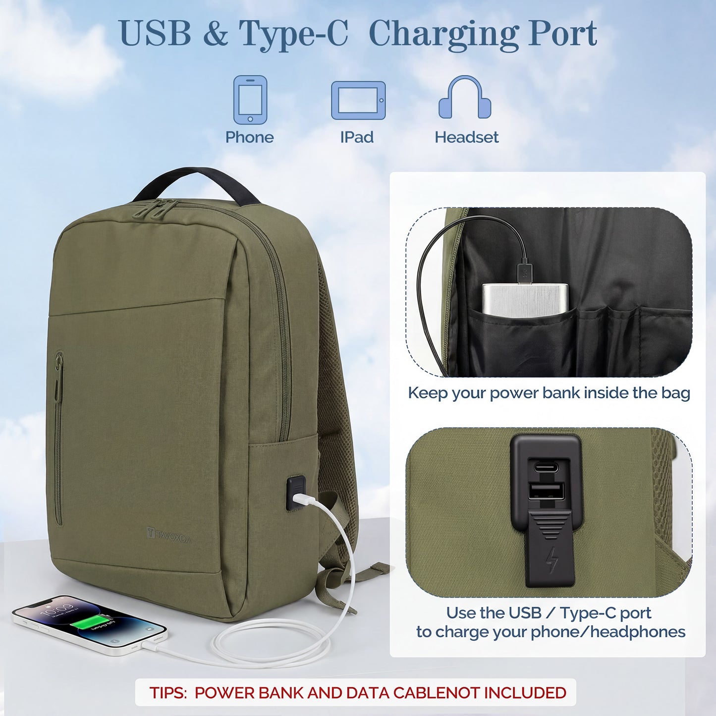 Lightweight Laptop Backpack with USB Charging Port in Green