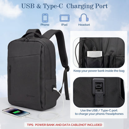 Lightweight Laptop Backpack with USB Charging Port in Black