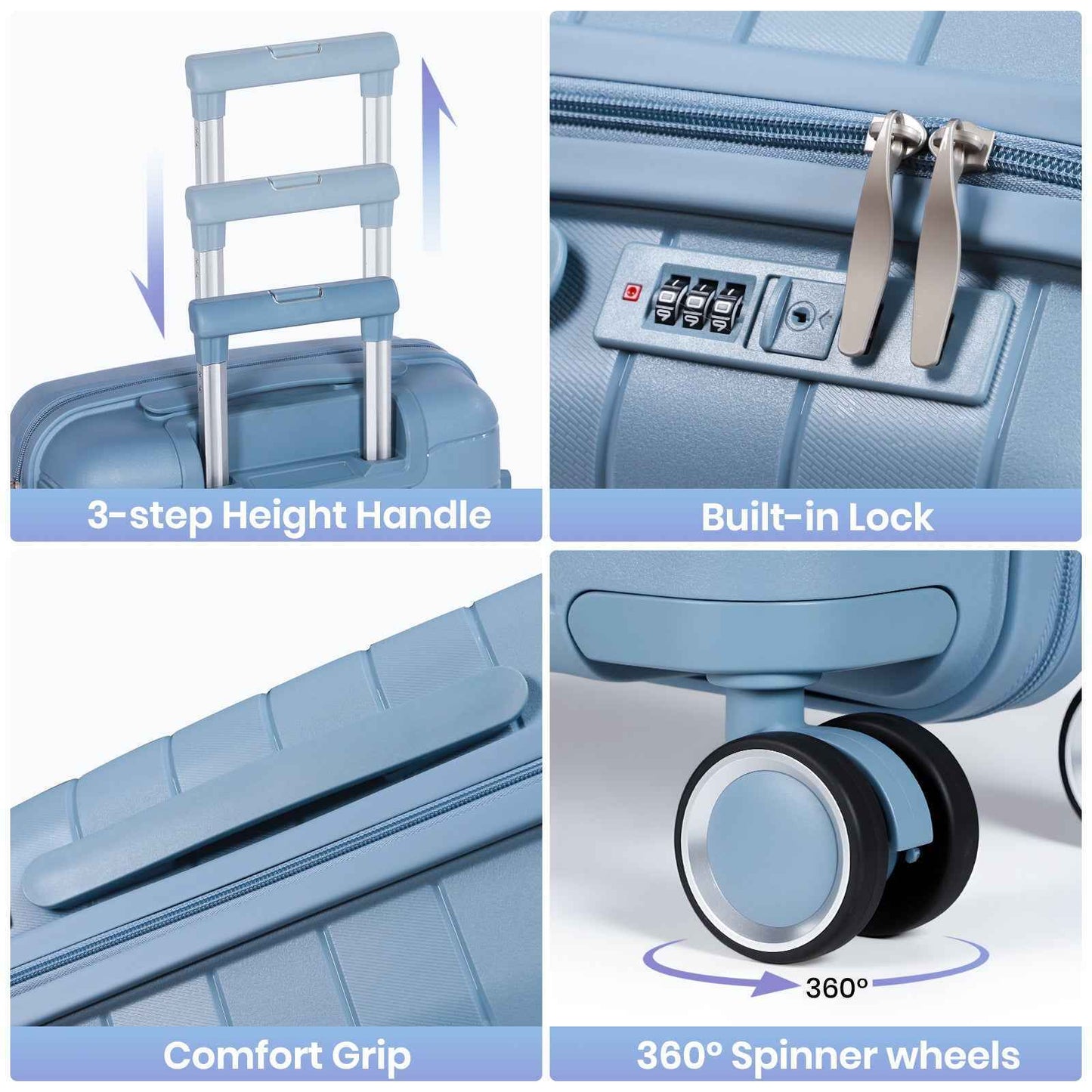 Tavoxda Lightweight PP Hardshell 3 Piece Luggage Sets Light Blue