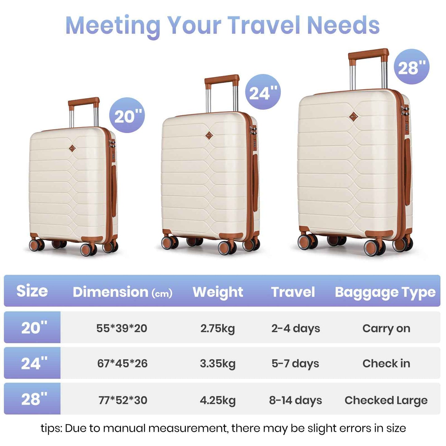 Tavoxda Lightweight PP Hardshell 3 Piece Luggage Sets Cream