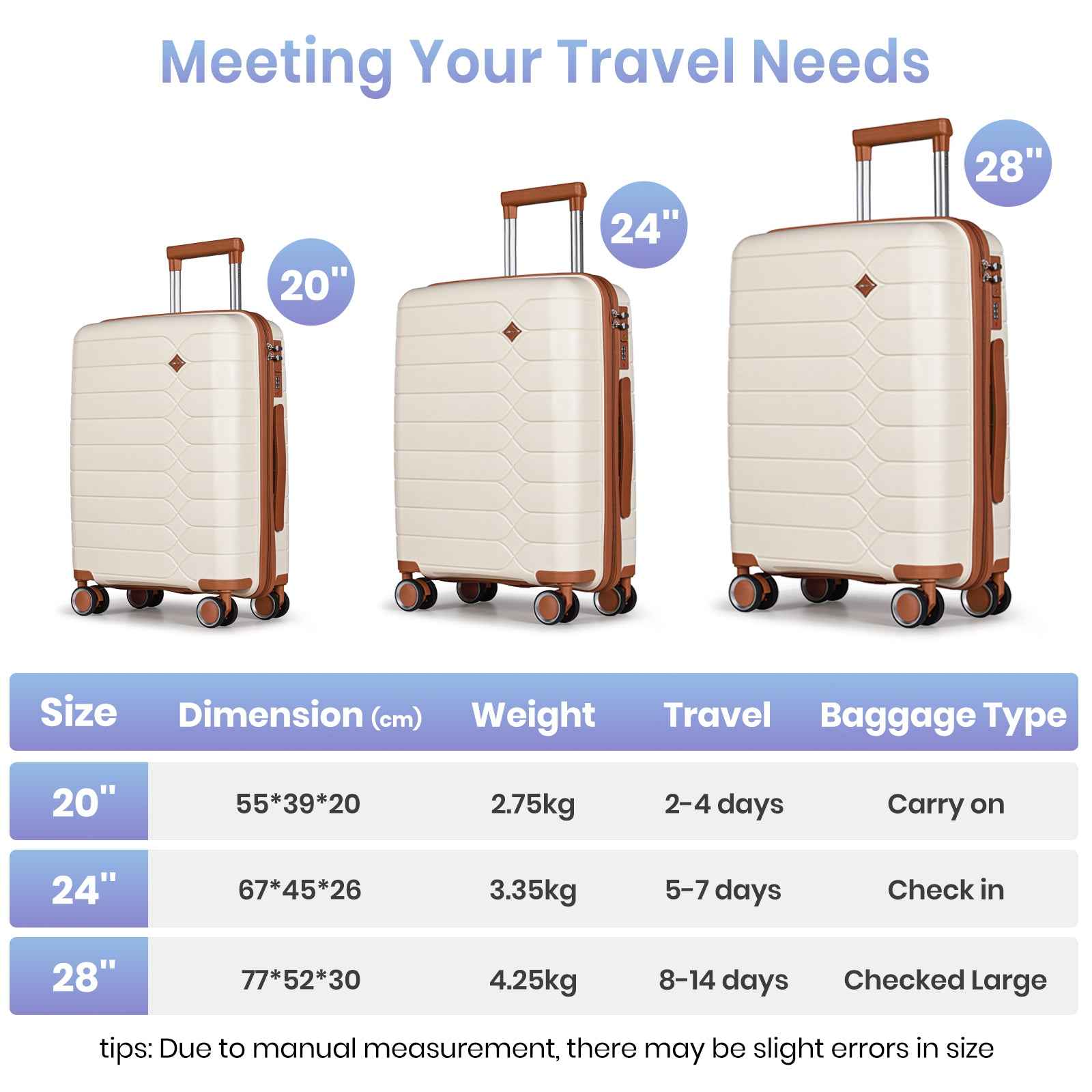 Tavoxda Lightweight PP Hardshell 3 Piece Luggage Sets Cream