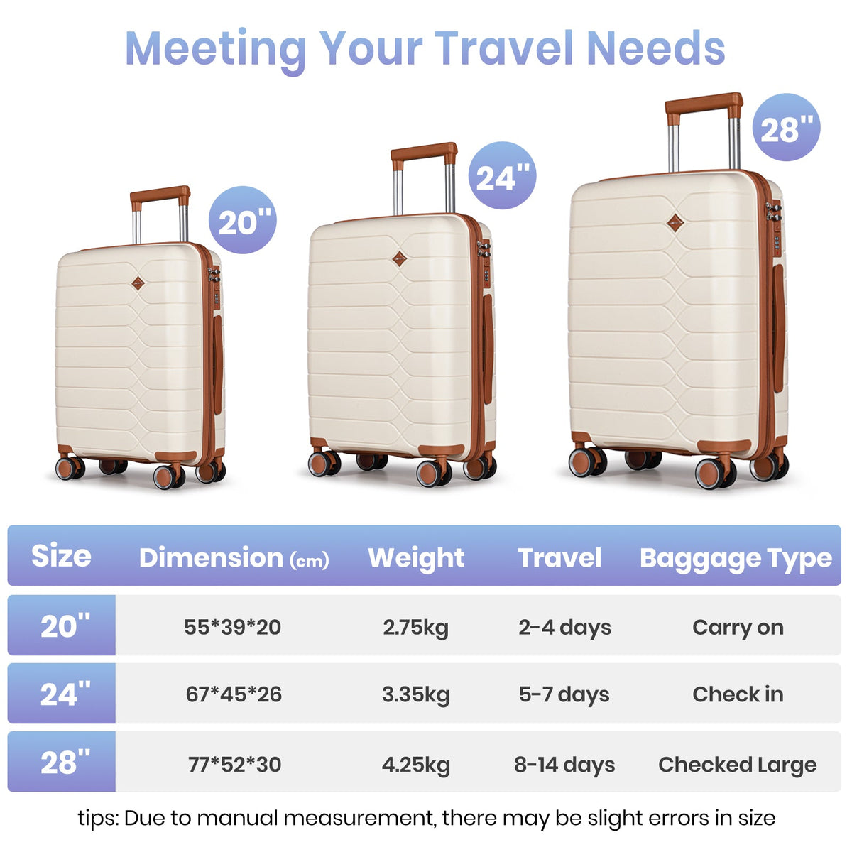 Tavoxda Lightweight PP Hardshell 3 Piece Luggage Sets Cream