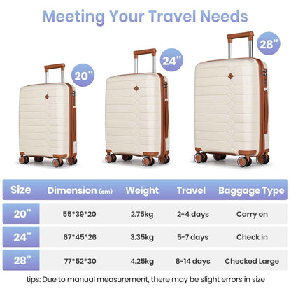 Tavoxda Lightweight PP Hardshell 3 Piece Luggage Sets Cream