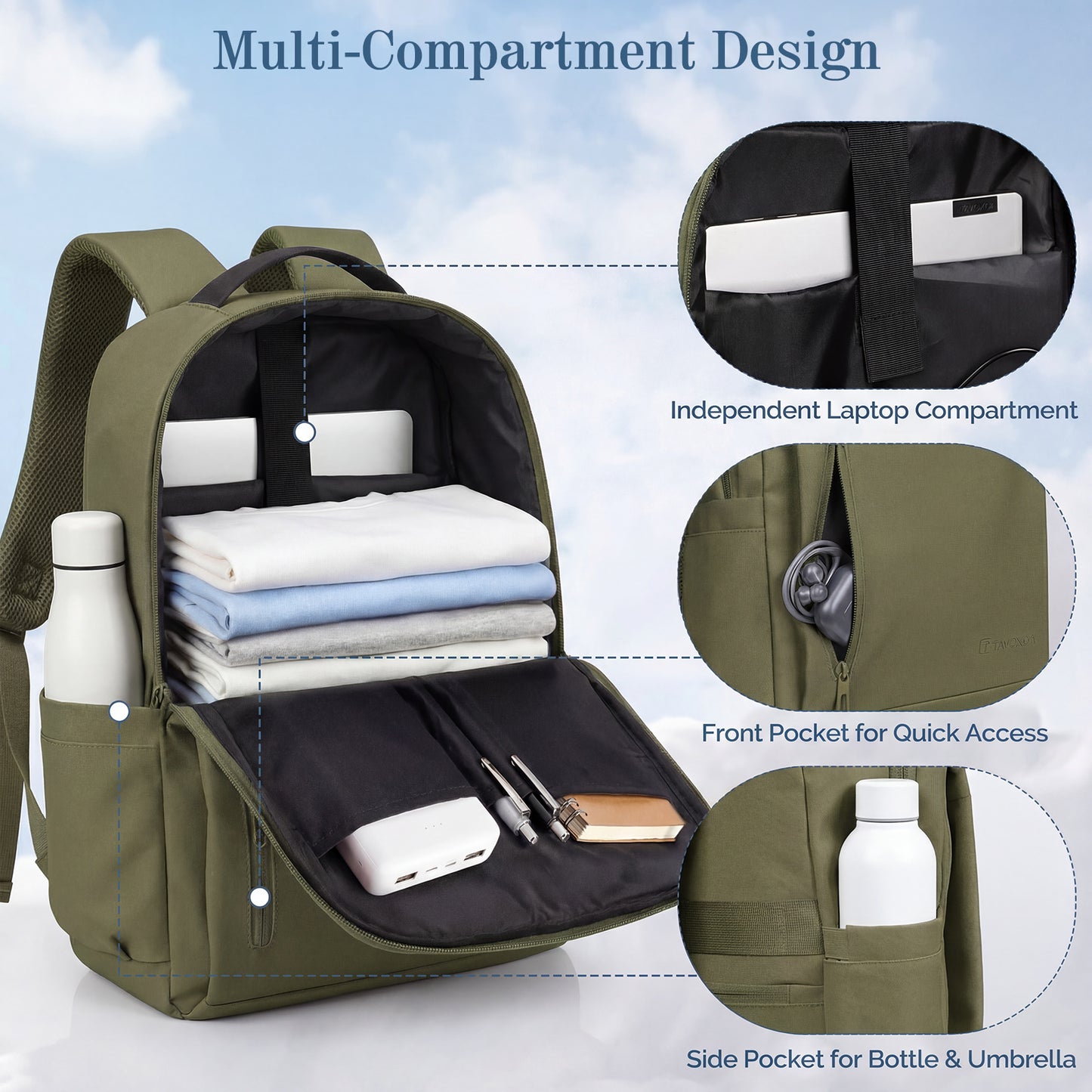 Lightweight Laptop Backpack with USB Charging Port in Green