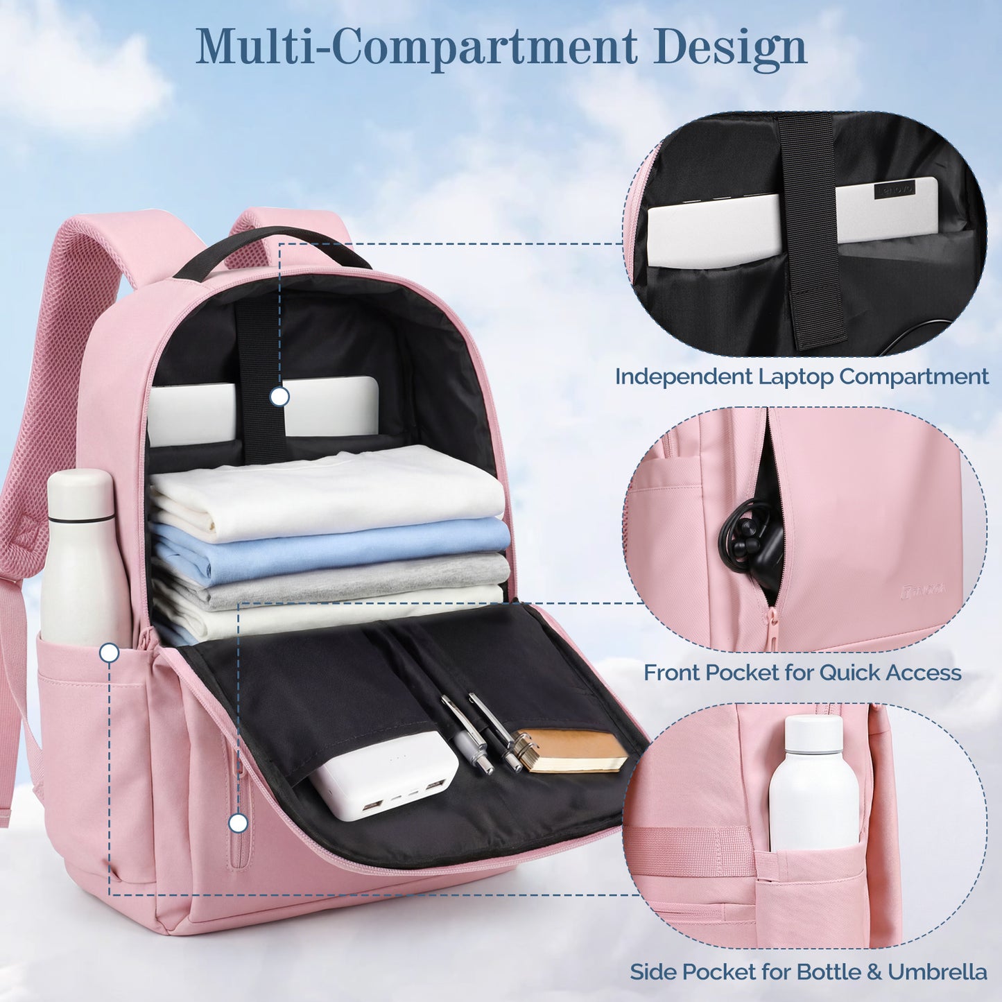 Lightweight Laptop Backpack with USB Charging Port in Pink