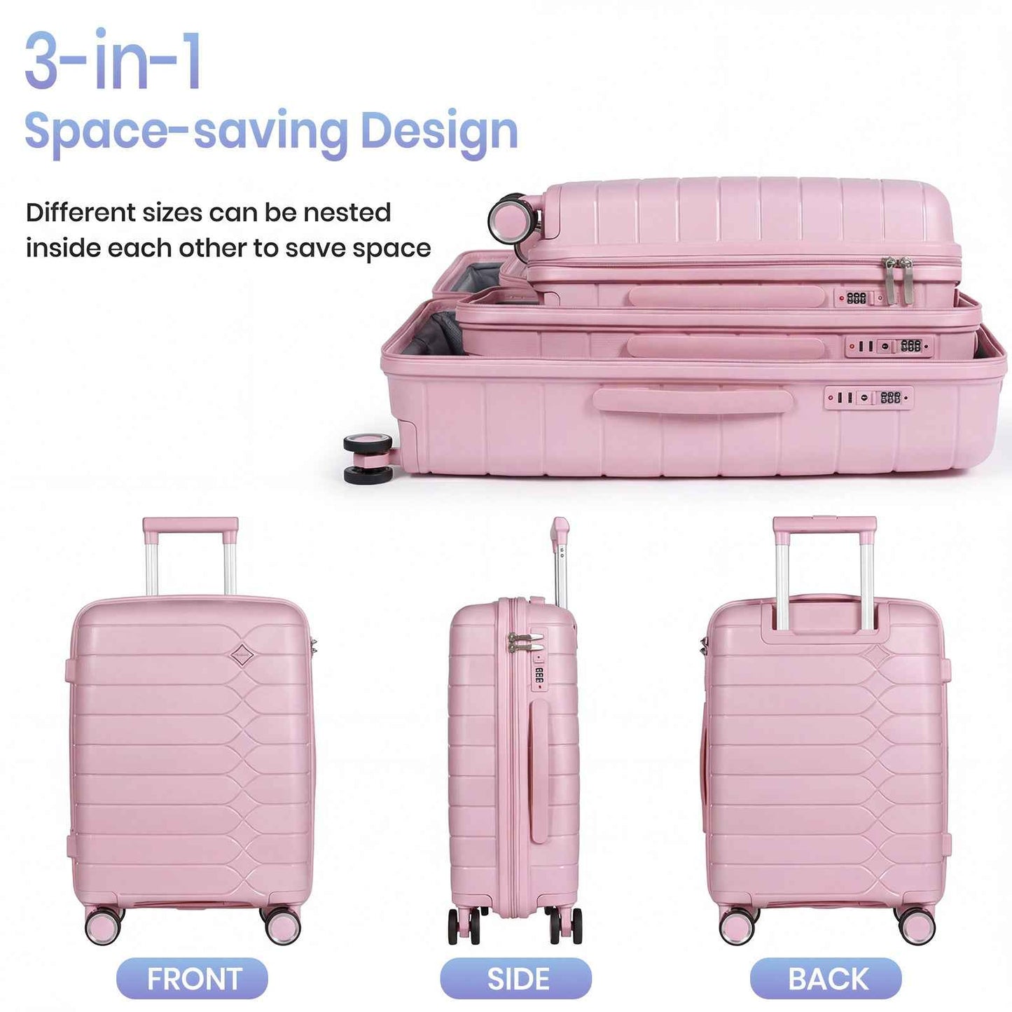 Tavoxda Lightweight PP Hardshell 3 Piece Luggage Sets Pink