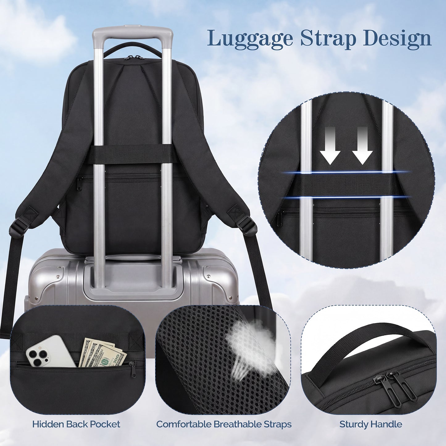 Lightweight Laptop Backpack with USB Charging Port in Black