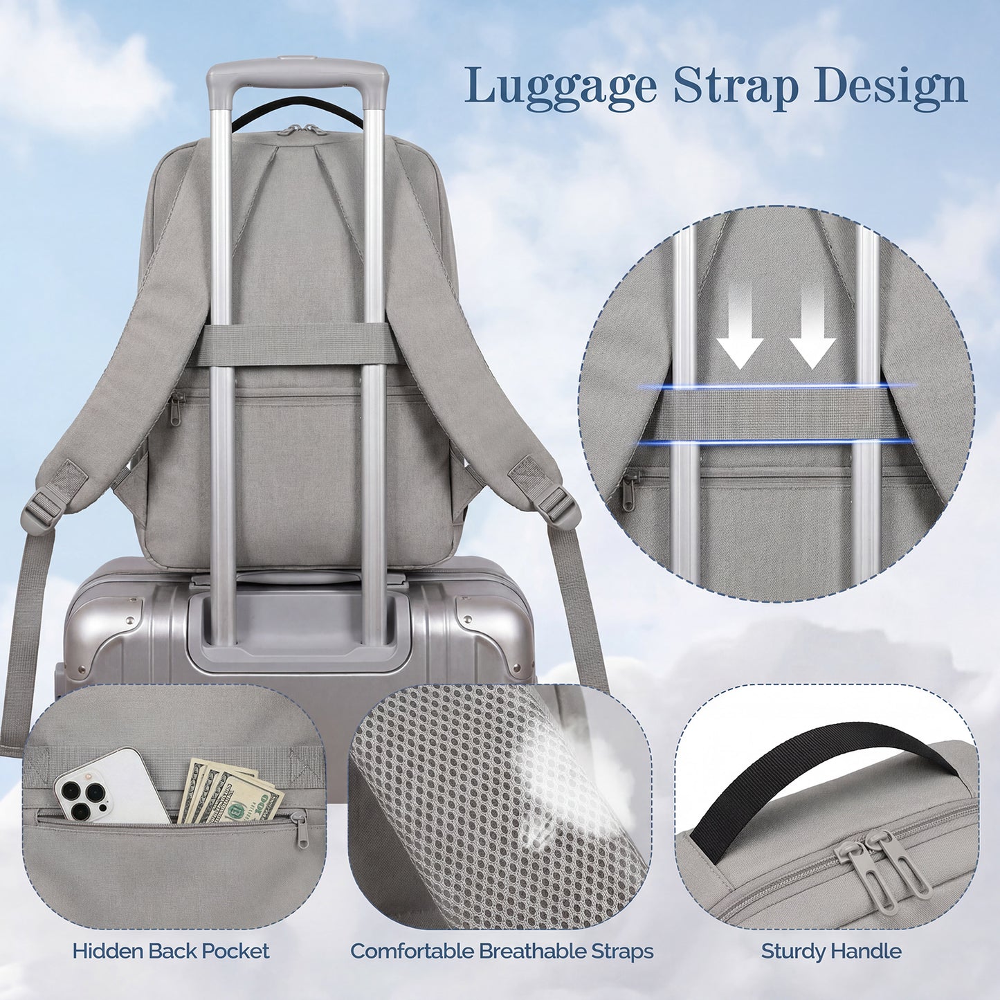 Lightweight Laptop Backpack with USB Charging Port in Grey