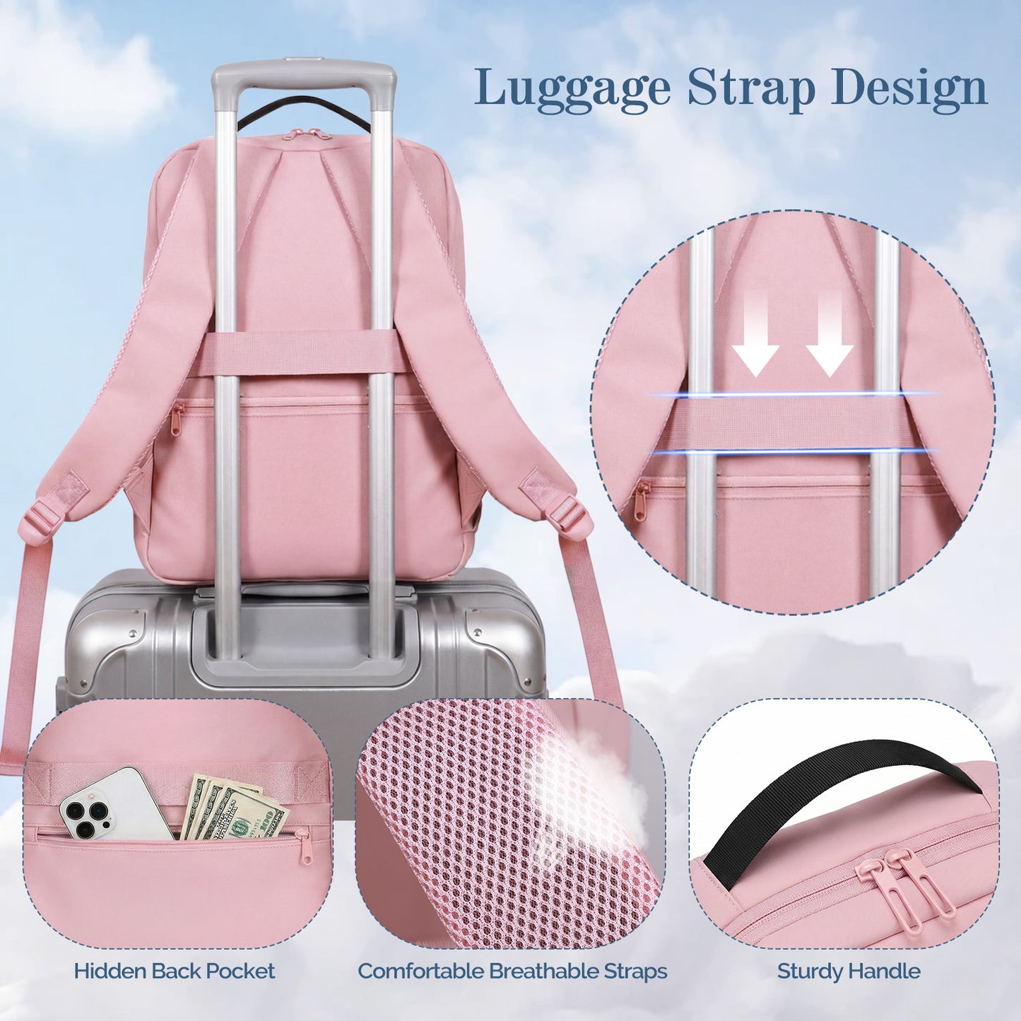 Lightweight Laptop Backpack with USB Charging Port in Pink