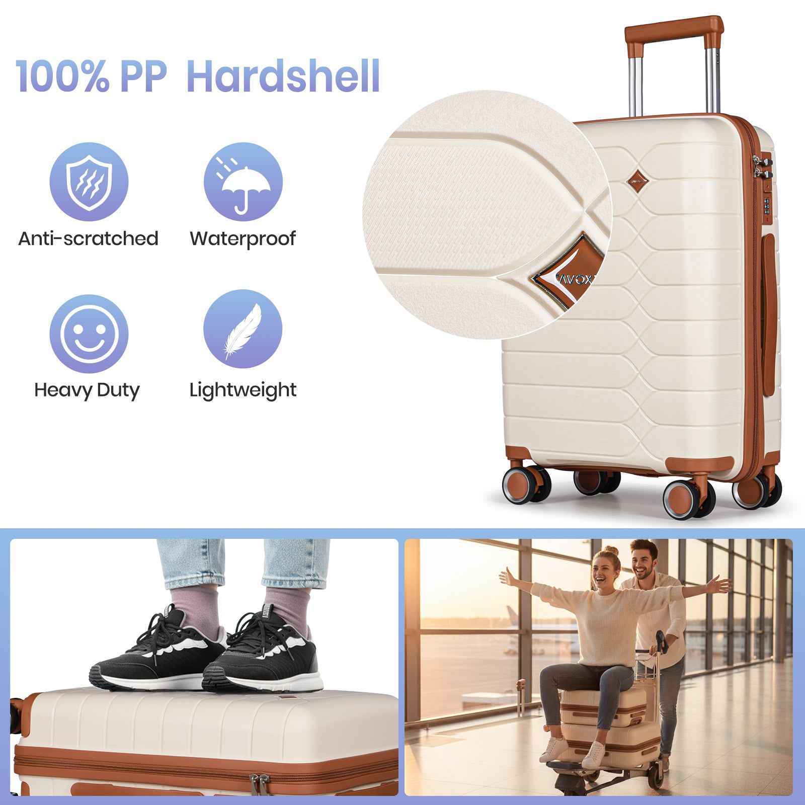 Tavoxda Lightweight PP Hardshell 3 Piece Luggage Sets Cream