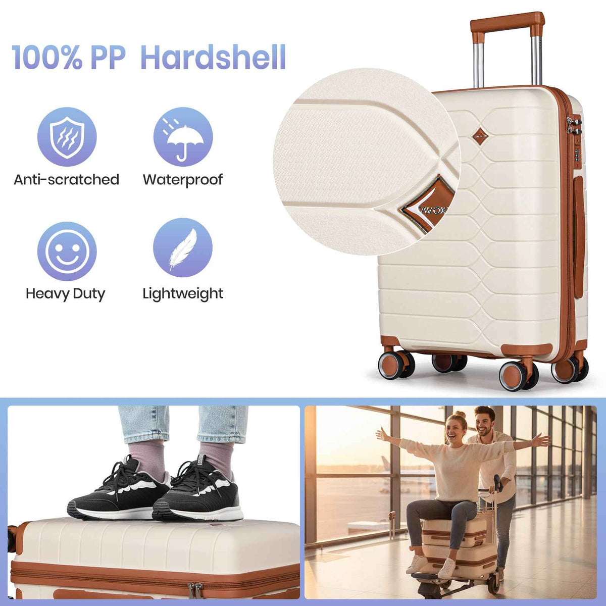 Tavoxda Lightweight PP Hardshell 3 Piece Luggage Sets Cream