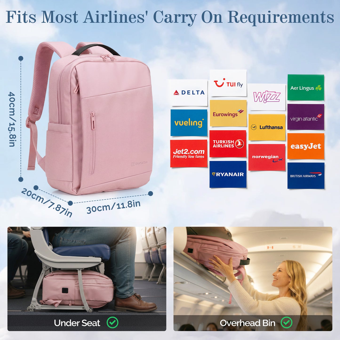 Lightweight Laptop Backpack with USB Charging Port in Pink