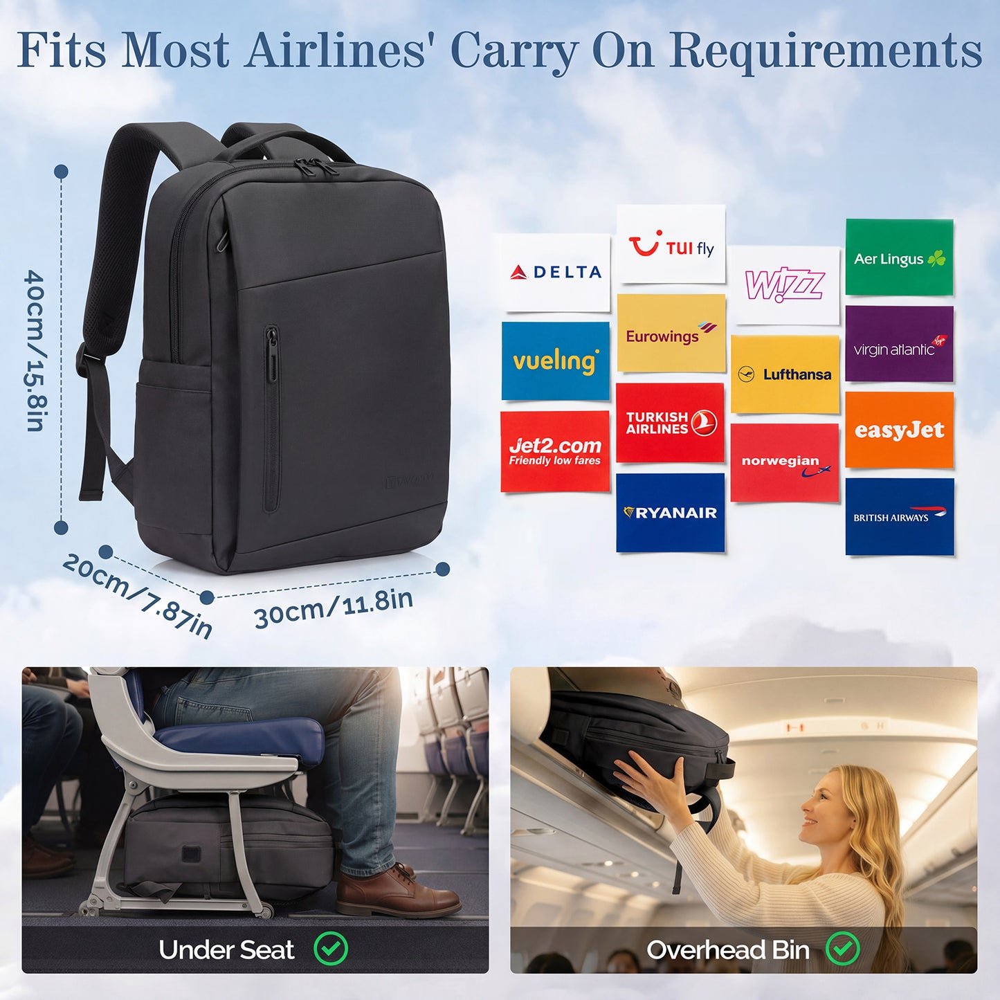 Lightweight Laptop Backpack with USB Charging Port in Black
