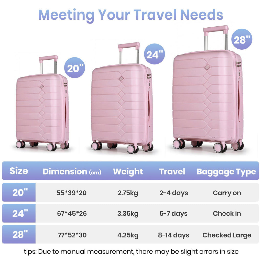 Tavoxda Lightweight PP Hardshell 3 Piece Luggage Sets Pink