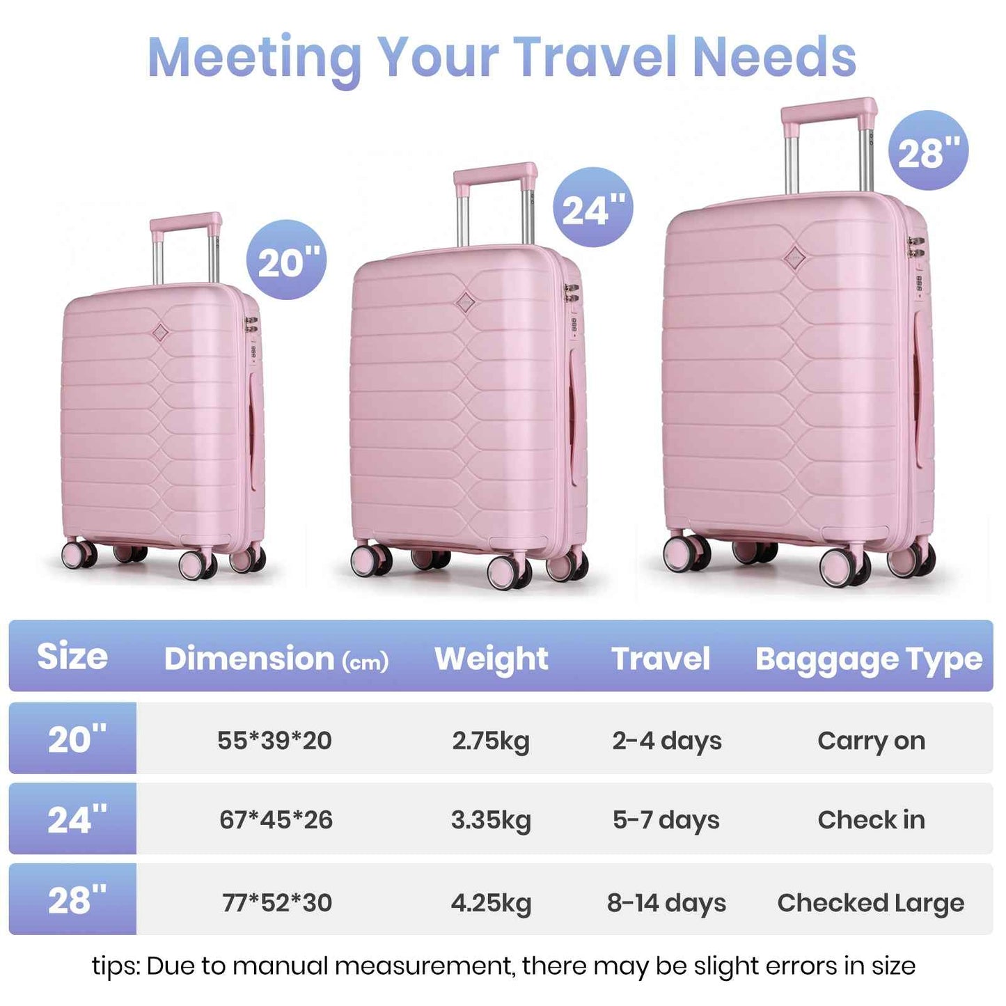 Tavoxda Lightweight PP Hardshell 3 Piece Luggage Sets Pink