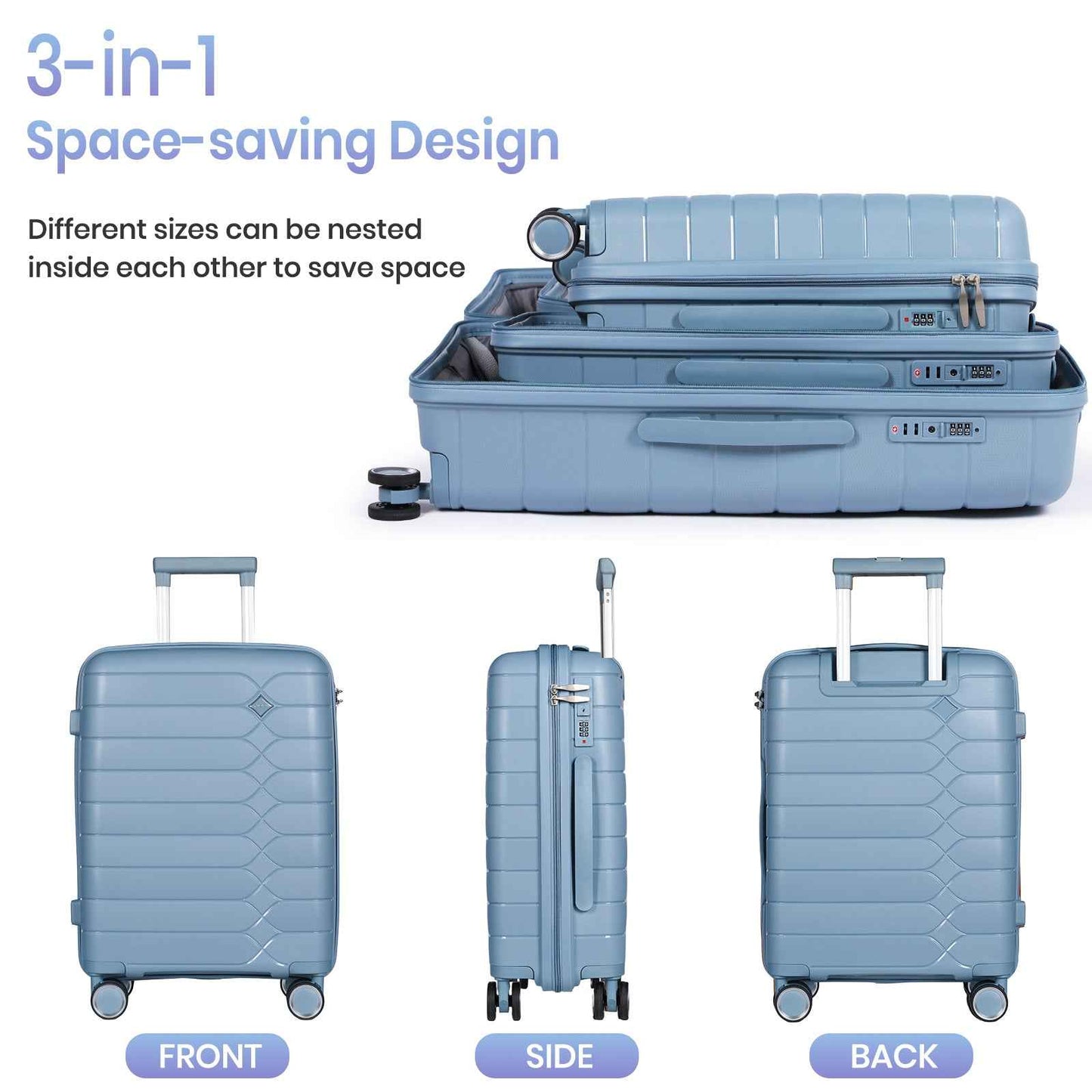 Tavoxda Lightweight PP Hardshell 3 Piece Luggage Sets Light Blue