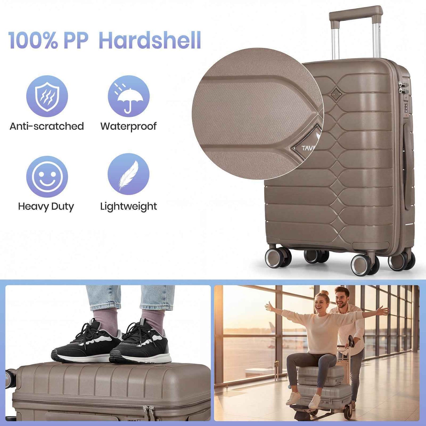 Tavoxda Lightweight PP Hardshell 3 Piece Luggage Sets Brown