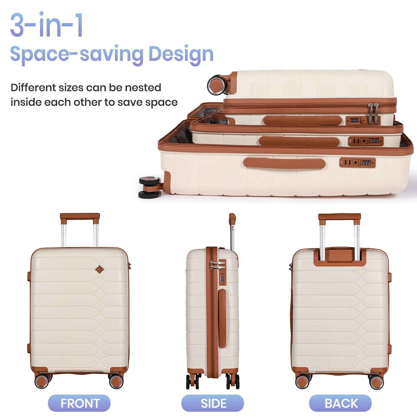 Tavoxda Lightweight PP Hardshell 3 Piece Luggage Sets Cream