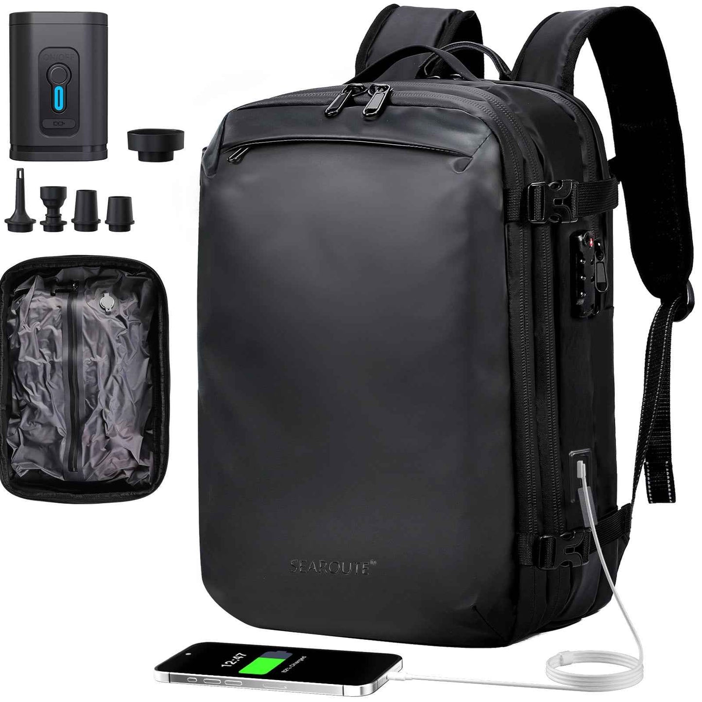Expandable Vacuum Travel Backpack with Pump Black