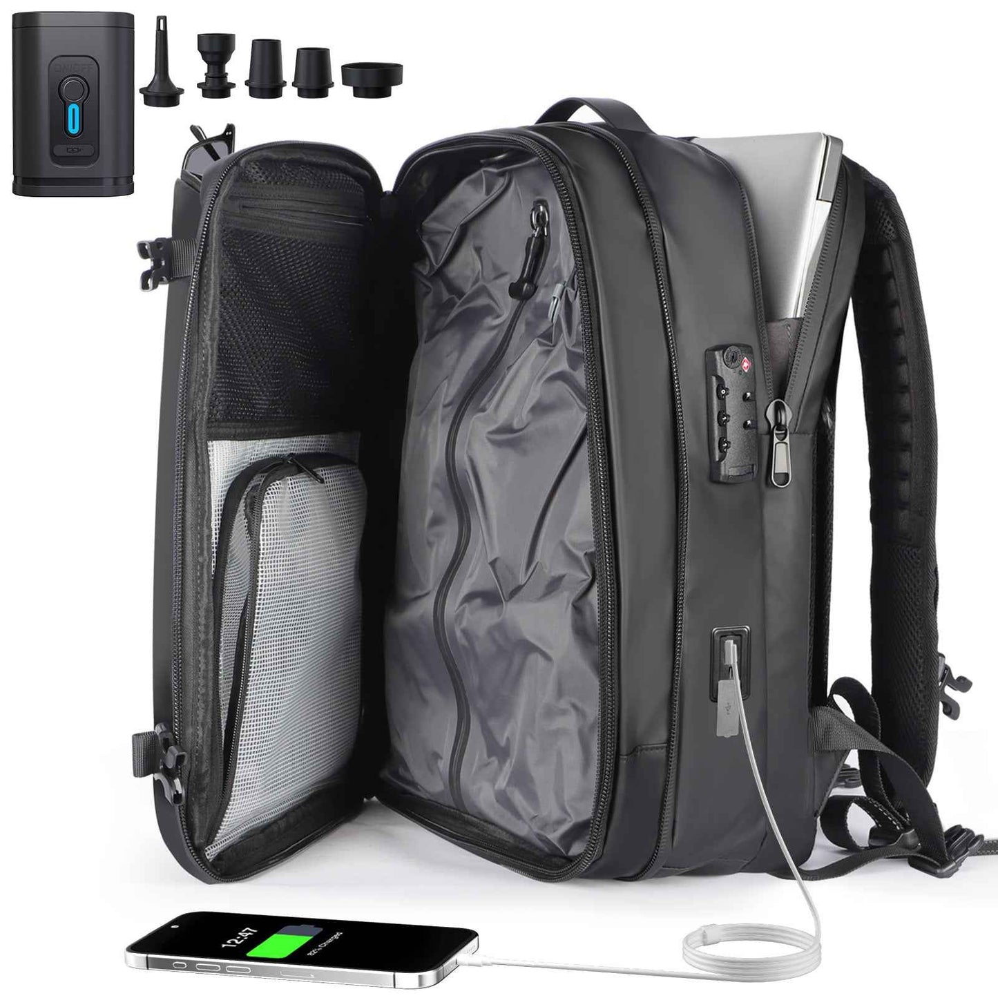 Expandable Vacuum Travel Backpack with Pump Black